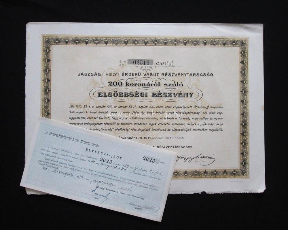 Jászsági Helyi Érdekű Vasút elsőbbségi részvény 200 korona 1911